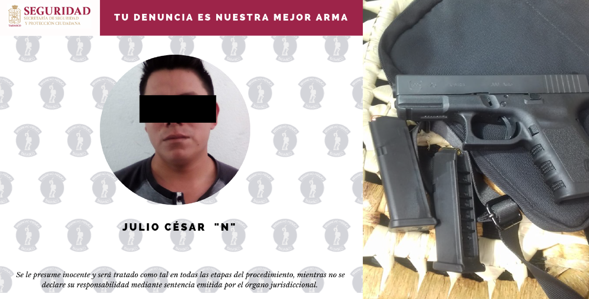 Aseguran Policías Municipales de Jalpa de Méndez a masculino por portación de arma de fuego.